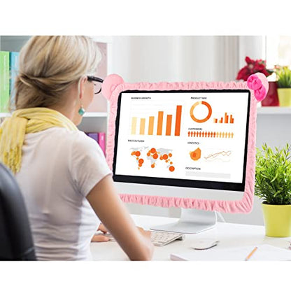 Hoteam 2 Pcs 17''-24'' Kawaii Computer Monitor Cover with Cat Ear Furry Cute Pink Monitor Dust Cover Protector Lovely Computer Desk Accessories Laptop TV LCD Screen Decoration for Tablet