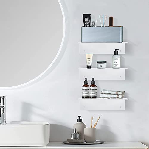 9 Inch Acrylic Floating Shelf No Drill Adhesive Wall Shelf Set of 4 for Funko Pop Storage, Floating Shelves Damage-Free Expand Wall Space for Living Room, Bathroom, Gaming Room, Office - White - color: White