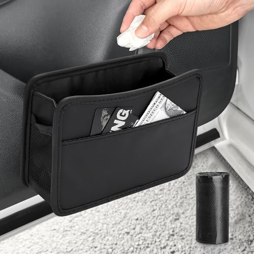 Accmor Collapsible Car Trash Can, Leather Vehicle Garbage Organizer Bin Holder with One Roll Trash Bag, Foldable Hanging Mini Cars Storage Bag Container for Auto, SUV (Black) - color: Black
