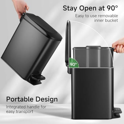 TIPGO Slim Bathroom Trash Can with Lid Soft Close, Step Pedal, 6 Liter / 1.6 Gallon Stainless Steel Garbage Can with Removable Inner Bucket, Anti-Fingerprint Finish (Matte Black) - color: Matte Black