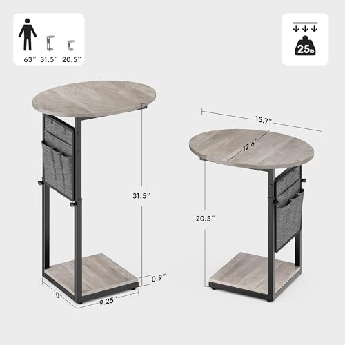 Vagusicc C Shaped End Table, Adjustable Height Small Side Table for Couch and Recliner, 32" Tall Couch Side Table Slide Under Sofa Tray Desk with Storage Bag for Living Room and Bedroom, Greige - color: Greige, style: Ordinary