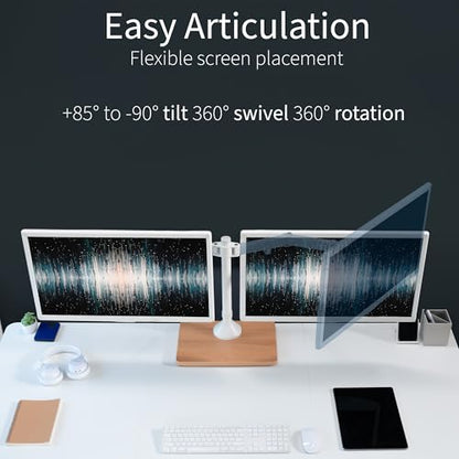 VIVO Freestanding Dual Monitor Stand with Solid Wood Base and Adjustable Arms, Mounts 2 Screens up to 32 inch and 22 lbs Each, White, STAND-V002FD-W - color: White/Wood, size: 13" to 32" Screens