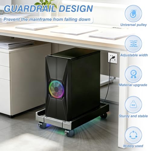 PC Stand for PC Tower With F, Computer Desktop Stand with 4 Lockable Castors, Universal Adjustable CPU Stand with Wheels - (New Black)