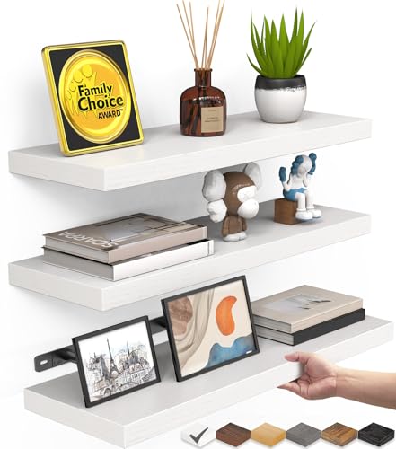 BAYKA White Floating Shelves for Wall, Set of 3, Rustic Wood Wall Shelves with Metal Brackets for Bathroom, Bedroom, Kitchen, or Living Room Decor Organization, Sturdy Storage with 22lb Capacity - color: C. White - Modern Minimalist Style, size: 15.7inche