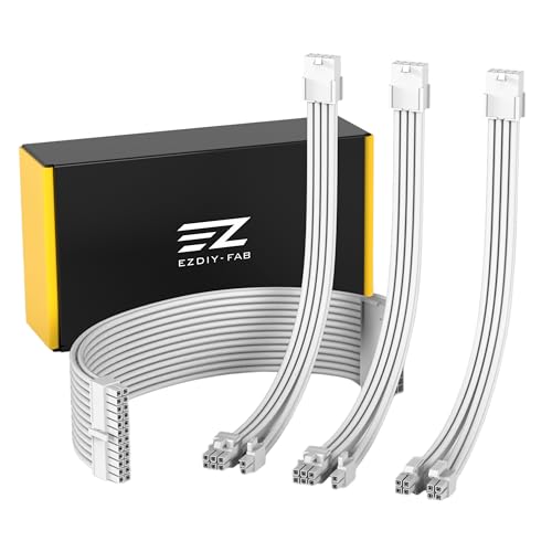 EZDIY-FAB PSU Extension Cable Sleeved Custom Mod PC Power Supply Cable, Soft Nylon Braided with Comb Kit 24PIN/8PIN to 6+2Pin/ 8PIN to 4+4PIN-30CM 300MM - All White Edition - color: Pure White