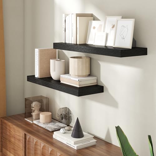 30 Inch Floating Shelves for Wall, 8 Inch Deep Floating Shelf for Storage & Display, Rustic Wall Mounted Shelf with Invisible Brackets for Living Room, Kitchen, Bathroom, Home Decor, Set of 2, Black - color: Black, size: 30 Inch, Set of 2