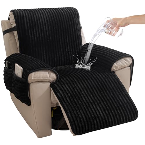 HAOMAIJIA Faux Fur Recliner Chair Covers Non-Slip Waterproof Recliner Covers That Stay in Place Warm Thick Lazy Boy Recliner Cover for Dogs Furniture Protector Pet Friendly (Black, 23'') - color: Black, size: 23''