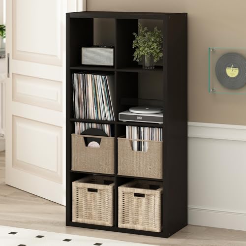 Furinno Cubicle Record Player Stand with Vinyl Storage, 8-Cube 1.2 Extra Thick Vinyl Record Storage, Open Back Media Shelf for CD DVD Blueray Game Disc, for Living Room, Home Office, Black Dark Oak - color: Black Dark Oak, size: Extra Thick, 8-Cube Standa