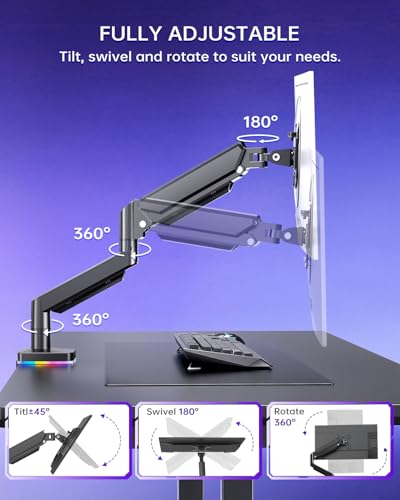 Afaloona Single Monitor Arm with RGB Lighting & 3 USB Ports, Gas Spring Monitor Mount for 13-32 Inch Screens up to 19.8lbs, Desk Mount with Charging & Data Transfer, Full Motion Adjustable - size: RGB Gas Spring Monitor Stand