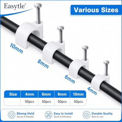 Cable Wire Clips 4mm 6mm 8mm 10mm (Pack of 200) Cable Management RG6 RG59 CAT5 CAT6 RJ45 Electrical Ethernet Dish TV Speaker Wire Cord Tie Holder Single Coaxial Nail Clamps - size: 200 Pcs