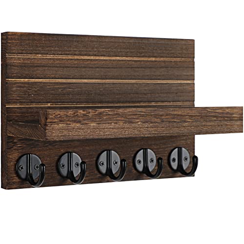 Lwenki Key Holder for Wall, Decorative Key and Mail Holder with Shelf Has Large Key Hooks for Bags, Coats – Paulownia Wood Key Hanger with Mounting Hardware (9.8”W x 6.7”H x 4.2”D) (Brown) - color: Brown