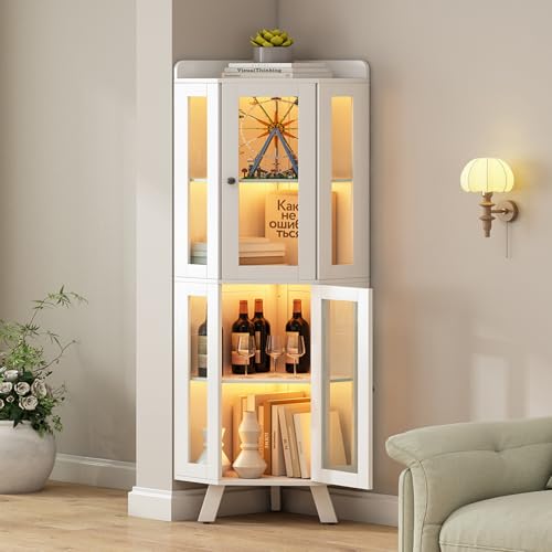 Corner Cabinet with Glass Doors, Curio Display Cabinet for Collectibles | Space-saving corner bookshelf with glass doors. 5-tier storage with open top. Sturdy and stylish for bedroom, living room