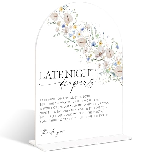 Late Night Diapers Sign Baby Shower Acrylic Sign, Wild Flower Baby Shower Decorations, 6x8" Boho Floral Table Game Signs with Stand, Gender Neutral Gender Reveal Party Favors - color: Late Night Diapers