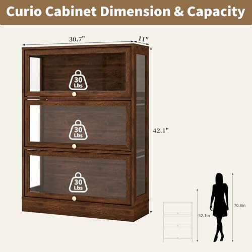 Display Cabinet with Acrylic Glass Doors,3-Tiers Curio Cabinet with LED Lighting for Collectibles, Collectibles Toy Organizers Rack & Display Shelf Display Case Storage Cabinet,Walnut - color: Walnut, size: 31" W x 42" H