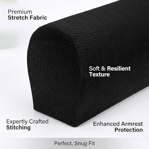 RAINFLOW Stretch Armrest Covers for Sofa - Couch Arm Covers for Recliner, Anti-Slip Furniture Protector for Dogs, Cats, Kids – Soft, Durable, Machine Washable (Black, Set of 2)