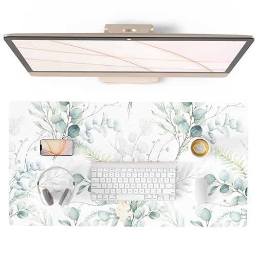 QIYI Large Mouse Pad for Desk, Cute Desk Mat for Desktop, Women Girls Green Office Décor Desk Accessories, PU Leather Waterproof Gaming Mousepad, Eucalyptus Leaf Desk Pad Computer Mat, 31.5" x 15.7" - color: Eucalyptus Leaf, size: 31.5" x 15.7"