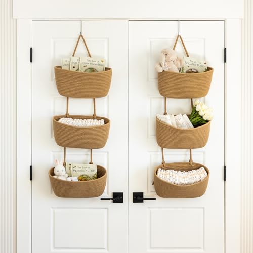 3-Tier Over the Door Hanging Basket (Set of 2) Adjustable, Detachable Woven Storage Baskets with Wall and Door Hooks - Decorative Boho Organizer for Nursery, Playroom, Bedroom, Kitchen, Apartment