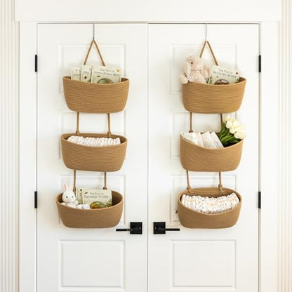 3-Tier Over the Door Hanging Basket (Set of 2) Adjustable, Detachable Woven Storage Baskets with Wall and Door Hooks - Decorative Boho Organizer for Nursery, Playroom, Bedroom, Kitchen, Apartment