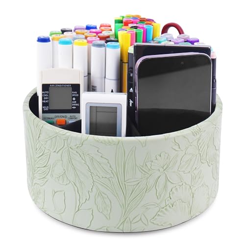 Remote Control Holder, 360°Spinning PU Leather Desk TV Remote Caddy,Desk Storage Box Room Accessories for Controller, Media,Mail,Calculator, Mobile Phone,Pencil(1-Carved Green1) - color: 1-Big Carved Green1