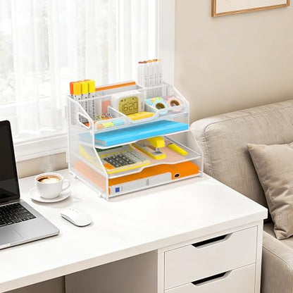 4 Tier Desk Orgnizers and Accessories, Metal Magazine File Holder with Pencil Holder and Handles, Space Saving Desk File Trays for School Office Supplies(White) - color: 4-tier-white