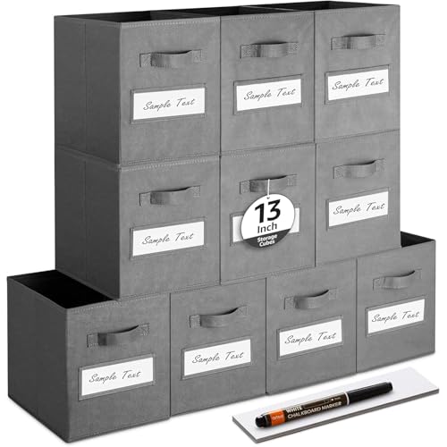 13x13x13 storage cube bins (Set of 10) Fabric storage cubes with 10 Labels Window Cards & a Pen, storage cubes 13x13, Collapsible 13 inch cube storage bins, Cubby Organizer Boxes, Gray - color: Gray, size: 13"
