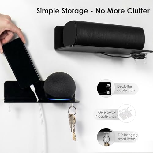 OAPRIRE Acrylic Floating Wall Shelves Set of 2, Damage-Free Expand Wall Space, Small Display Shelf for Smart Speaker/Action Figures with Cable Clips - color: Black