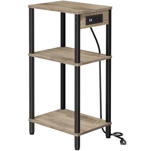 Creso hom Tall End Table with Charging Station and USB Ports, 3 Tier Narrow Tall Bedside Table with Storage, Slim Nightstand with Outlets for Bedroom, Living Room, Office, Greige - color: Greige, size: 11"D x 15"W x 30"H