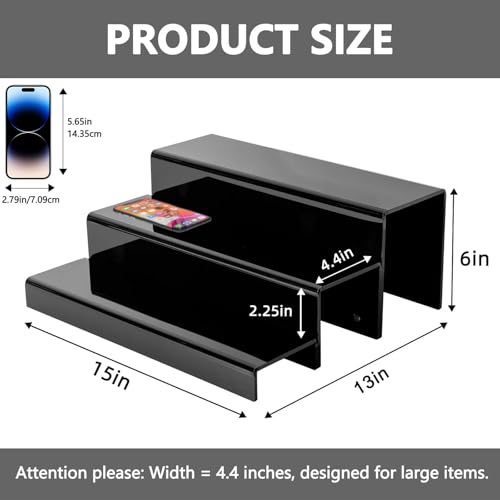 JUESHA 3 Tiers Bar Shelves for Liquor Bottles, 15" Black Acrylic Risers Display Racks Stands for Figures Pops Cupcake Perfume Collections (Patent: D1076520S) - color: Black