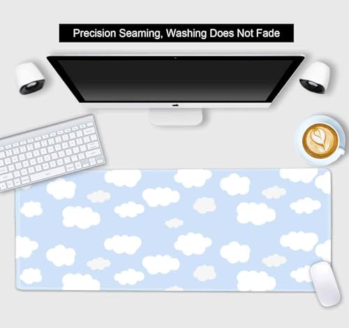 Cute Desk Pad, Blue Sky with Clouds Desk Mat, Large Mouse Pad, Protector Pad, Non-Slip Rubber Base with Stitched Edges Deskmat Writing Mat for Computer Laptop Office,31.5 X 11.8 in - color: Blue Sky with Clouds