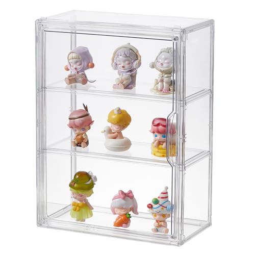 3 Tiers Clear Display Case, Plastic Storage Bins with 2 Adjustable Divider and Magnetic Door,Stackable Display Box for Figures Showcase (1pack) - size: Large-3 Tier-1 Pack