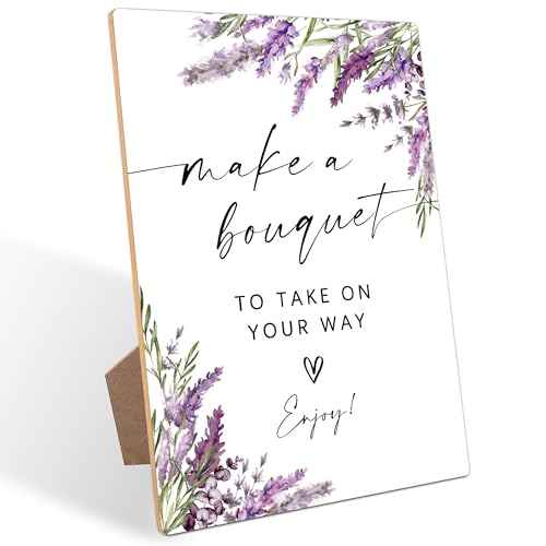 Bouquet Making Sign, Lavender Bridal Shower Decorations, Wedding Reception Table Decorations, Engagement Decor, Purple Floral Wooden Sign with Stand for Wedding Reception And Bridal Party Decor, 19 - color: Bouquet Making19
