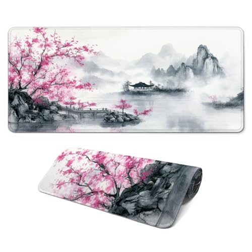 Gaming Mouse Pad, Large 31.5 x 11.8 inches Mousepad, Long Keyboard Pad, Cute Mouse Mat for Computer with Stitched Edges and Non-Slip Base (Pink Cherry Blossoms) - color: Pink Cherry Blossoms