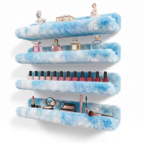 Care&More YJ 15 Inch Nail Polish Shelves, 4-Pack Fuzzy Display Nail Polish Rack for Storing Nail Bottles, Sunglasses, Essential Oils, Plush Soft (Blue) - color: Blue