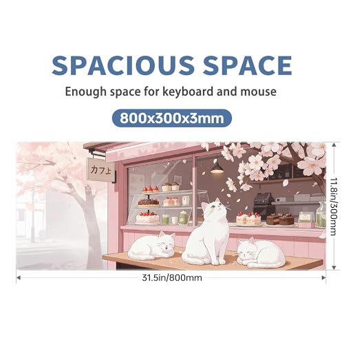 Pink Cute Cat Gaming Mouse Pad Large Desk Mat Extended Keyboard Mouse Pad Anime Mousepad with Non-Slip Base and Stitched Edge Mouse Mat Desk Pad 31.5 x 11.8 in Mouse Pads for Desk Home Office Gaming - color: Pink Cherry Blossom Cat