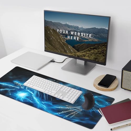 Extended Gaming Mouse Pad, Grim Reaper Skull Design with Blue Flames, 35.4 x 15.7 Inches, Non-Slip Rubber Base - color: skull