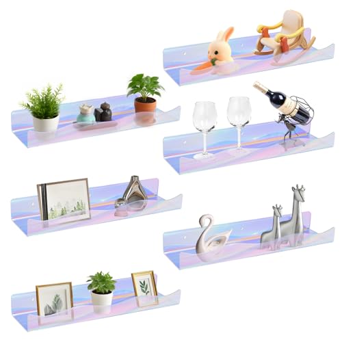Wall Mount Acrylic Shelf 15 Inch Floating Shelf for Wall Decor Plants Books Records Colorful Display Shelf with Mounting Hardware Bathroom Bedroom Living Room Storage Organization(6, iridescent) - color: Iridescent