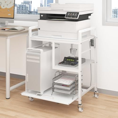 Sedegn Large Printer Stand with Wheels: Lockable Rolling Printer Cart | 24 x 18 Inch Top Fits Laser Printers Shredders and PC Towers 3-Outlet Power Strip and Storage Bag for Home Office (White) - color: Matte White