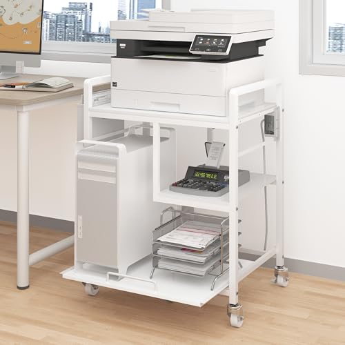 Sedegn Large Printer Stand with Wheels: Lockable Rolling Printer Cart | 24 x 18 Inch Top Fits Laser Printers Shredders and PC Towers 3-Outlet Power Strip and Storage Bag for Home Office (White) - color: Matte White