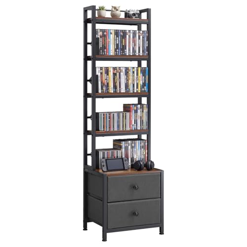VEVOR Media Storage Cabinet, 4-Shelf DVD Shelf Organizer with Drawers, 15.75 x 11.81 x 56.50 in Multimedia Storage Organizer for CDs, DVDs, Books and Games, CD Cabinet for Living Room, Home Office