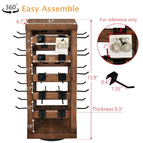 Ikee Design 5 Tiers Easy Assemble Wood Rotating Jewelry Display Tower with 42 Removable Hooks,Spinning Earring Card Storage Display Stand for Store, Showcase, Tradeshow and Home,Brown Color - color: 4 side, Brown, 42 hooks