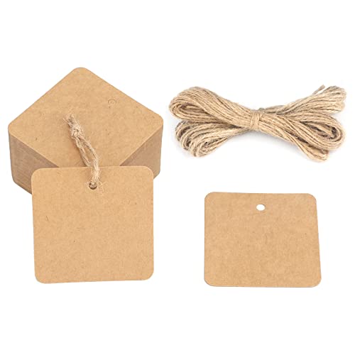 G2PLUS Kraft Paper Gift Tags with String, 100PCS Brown Square Tags, 2.2x2.2 inches Blank Hang Label Tag for Gift Wrapping, Pricing, DIY Arts and Crafts, Christmas, Wedding Party Favors - size: 2.2 x 2.2 inches, style: Kraft Rounded Square