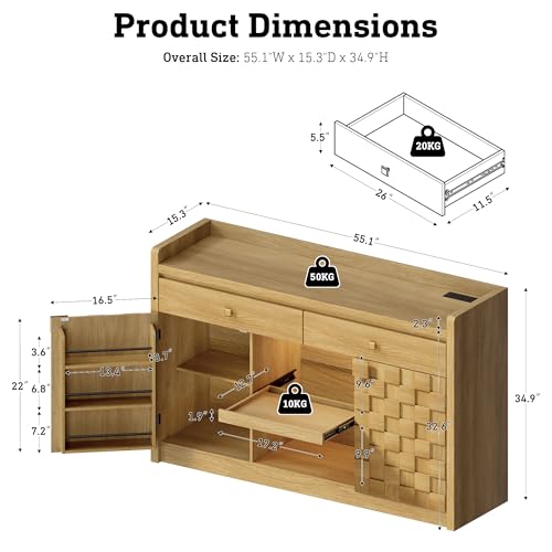 STO'SENSE 55" Sideboard Buffet Cabinet with Charging Station & LED Light, Coffee Bar Cabinet with Drawers, Pull-Out Shelf & Door Rack, Modern Storage Cabinet for Kitchen, Dining Room