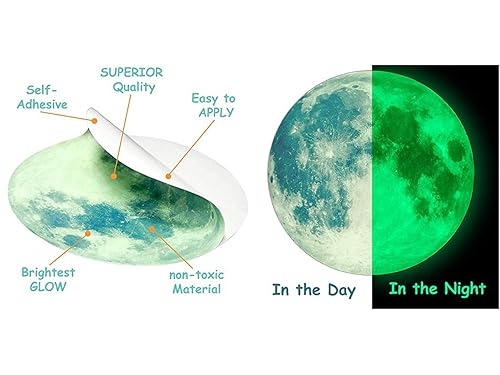Quanhaigou Glow in The Dark Wall or Ceiling Moon Stickers – Green Luminous Big Moon Wall Stickers DIY Decor for Kid Room - color: Glow Moon