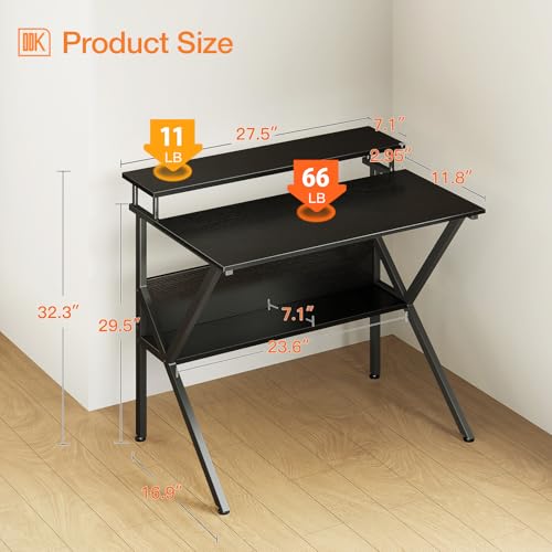 ODK Small Desk, 27.5 Inch Computer Desk for Small Spaces, Study Desk with Storage & Monitor Stand, Black - color: Black