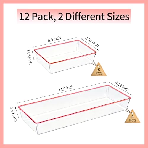 12 Pack Large Size Clear Stackable Drawer Organizer Trays, Rose Gold Rim Makeup Drawer Storage Tray Divider, Desk Storage for Makeup, Jewelry, Bathroom, Stationary, Kitchen Utensils and Office Desk - color: Rose Gold, size: 12 PACK