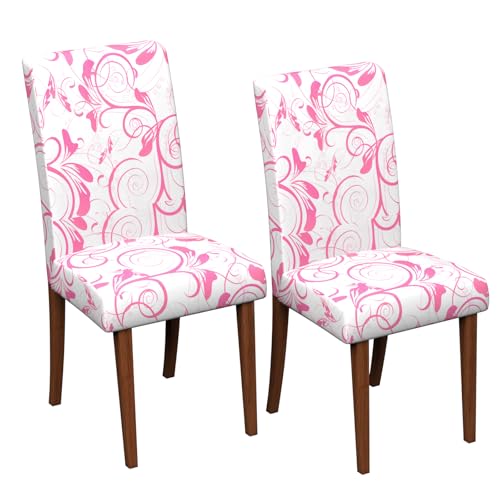 Stretch Dining Chair Covers Set of 2,Floral Print Chair Covers,Soft Removable Washable,Pet Friendly Furniture Protector,Universal Chair Slipcovers for Home, Kitchen,Ceremony Dining Room Seat - color: Pink Scroll Floral, size: 2PCS
