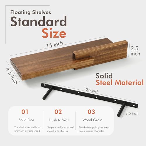 GRID FORTE Wood Floating Shelf Set of 2, 4.5D x 15W Inch Modern Reversible Wall Shelves, Minimalism Wall Mount Hardwood Shelves, Wall Decor for Bedroom Living Room Kitchen (Walnut)