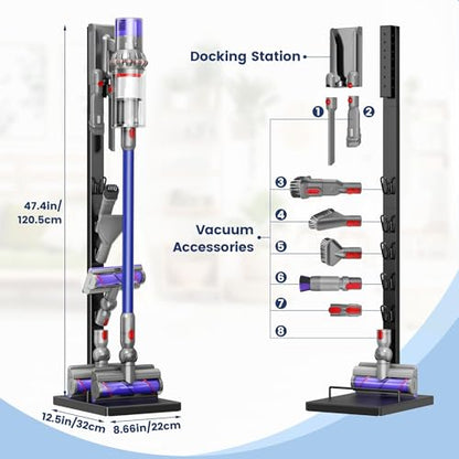 pickpiff Vacuum Cleaner Stand Compatible with Dyson V15, V12, V11, V10, V8, V7, V6 & G5 – Freestanding Holder with Accessory Storage, No Drilling Required, Easy Installation