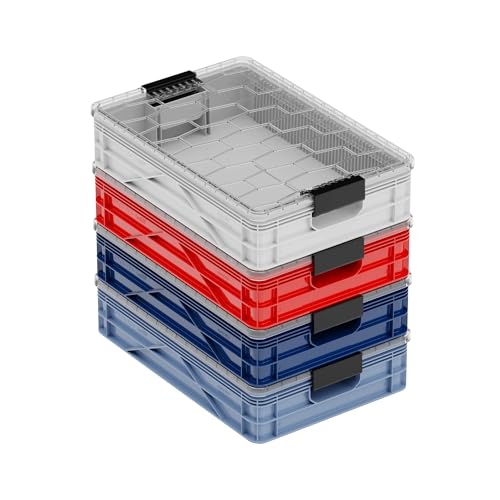 SIDIO Quarter Crate 4 Pack of Stackable Storage Bins - Organizer Bins with Dividers for Garage Organization, Home Storage - Heavy Duty Plastic Containers - 19.16” x 12.75”x 4.57” (Racing Pack) - color: Racing Pack