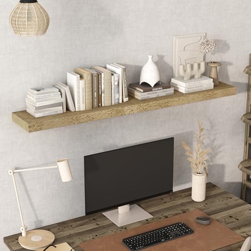 Acovy 55" Unfinished Solid Reclaimed Wood Floating Shelves, Rustic Heavy-Duty Wall Shelves, 8" Deep Floating Shelf for Living Room, Bathroom, Bedroom and Kitchen, Set of 1, Natural - color: Natural, size: 55inches-1P